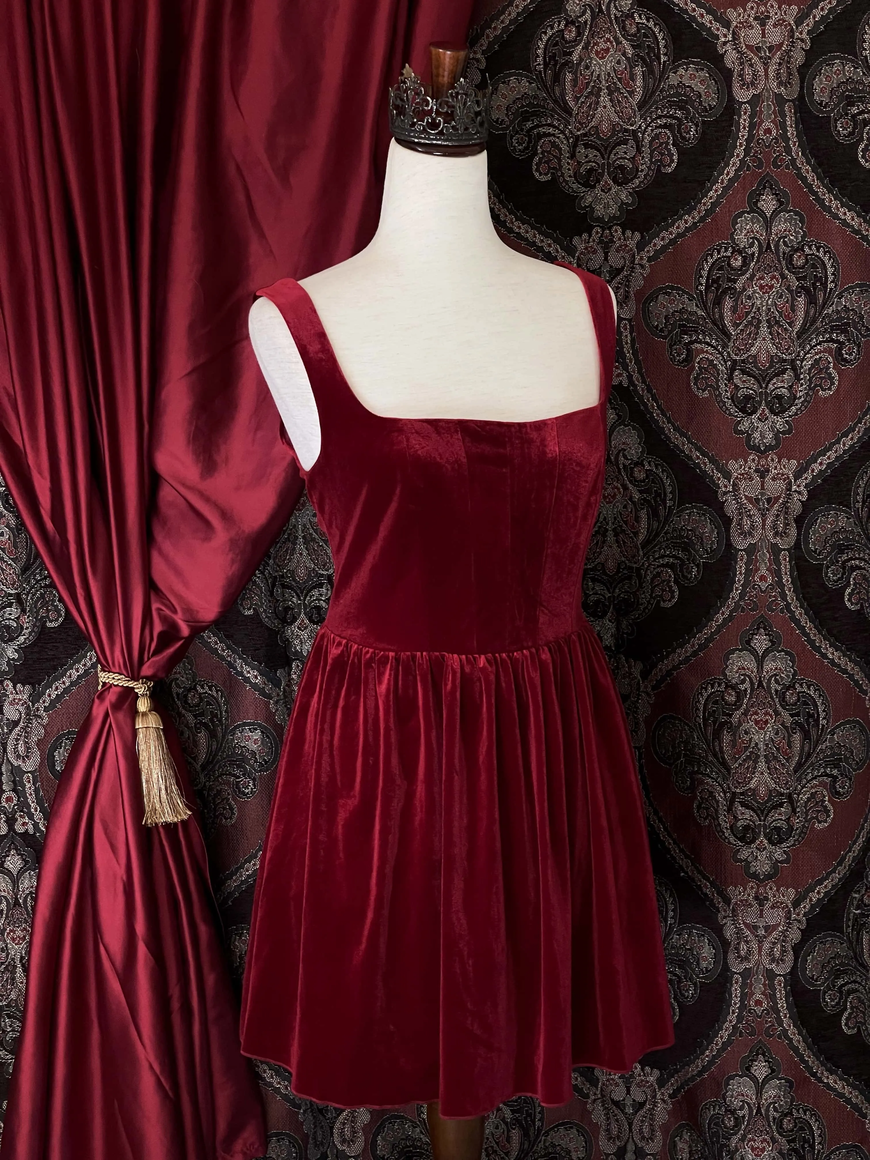 Renaissance & Tudor Era Pleated Velvet Mini Dress in Wine Red