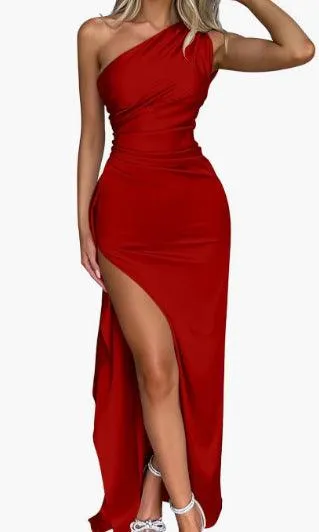 Slim-fit Solid Color One-shoulder Pleated Split Satin Dress