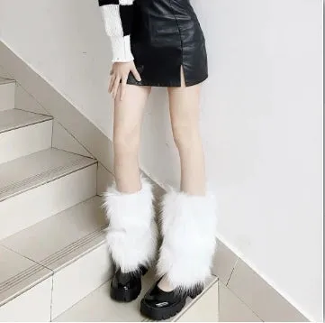 Sohiwoo Women Faux Fur Leg Warmers Y2K Punk Winter Warm Plush Thickening Jk Leggings Boots Cover Lolita Harajuku Party Long Leg Socks