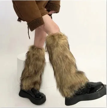 Sohiwoo Women Faux Fur Leg Warmers Y2K Punk Winter Warm Plush Thickening Jk Leggings Boots Cover Lolita Harajuku Party Long Leg Socks