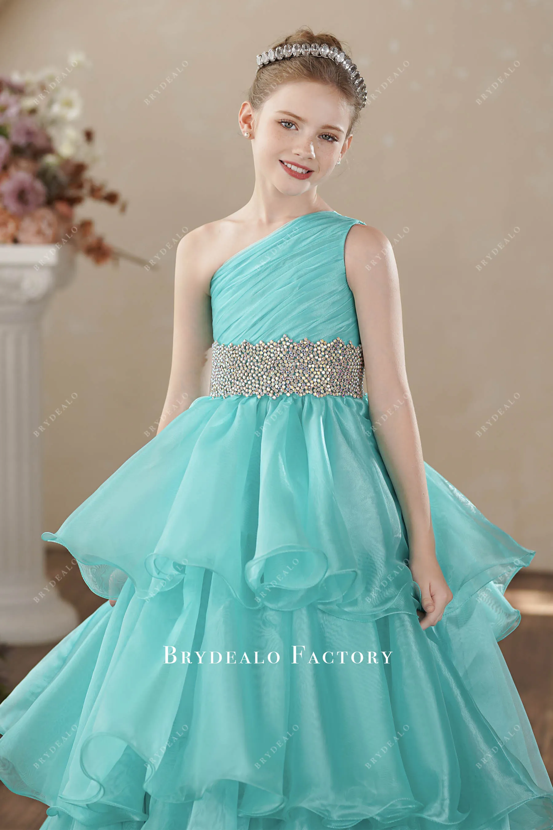 Spa Blue Ruched One Shoulder Sleeveless Kids Pageant Gown