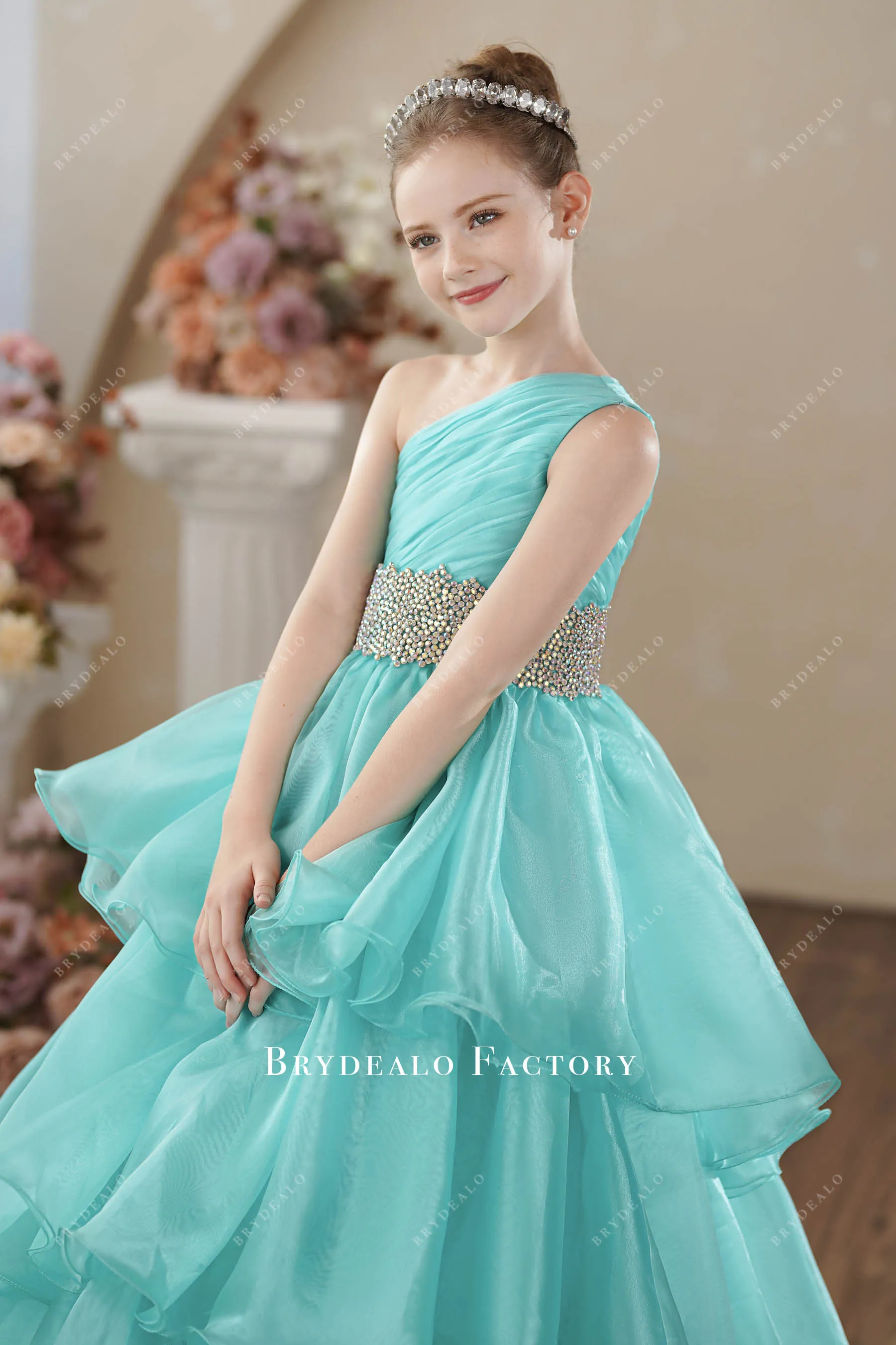 Spa Blue Ruched One Shoulder Sleeveless Kids Pageant Gown