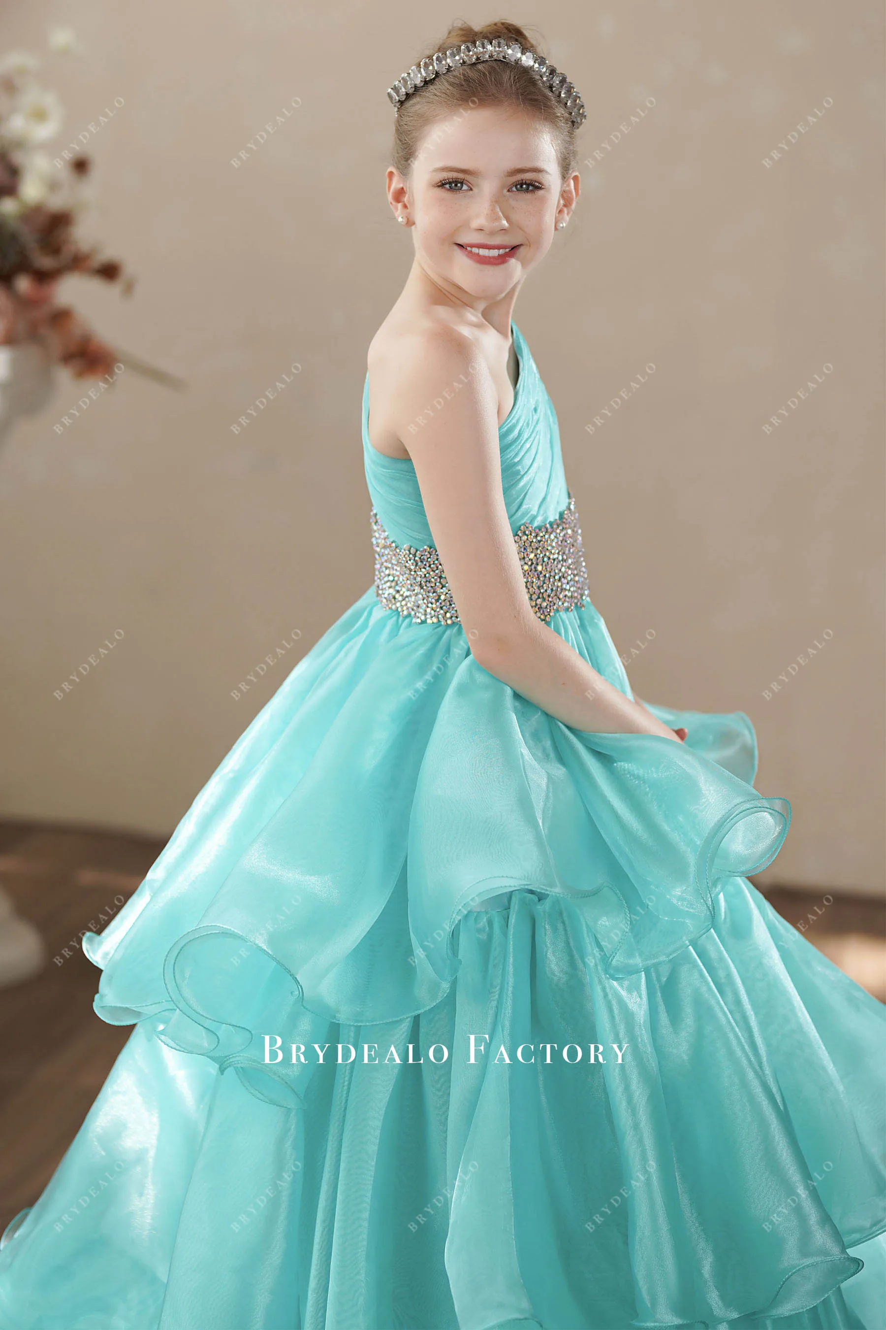 Spa Blue Ruched One Shoulder Sleeveless Kids Pageant Gown