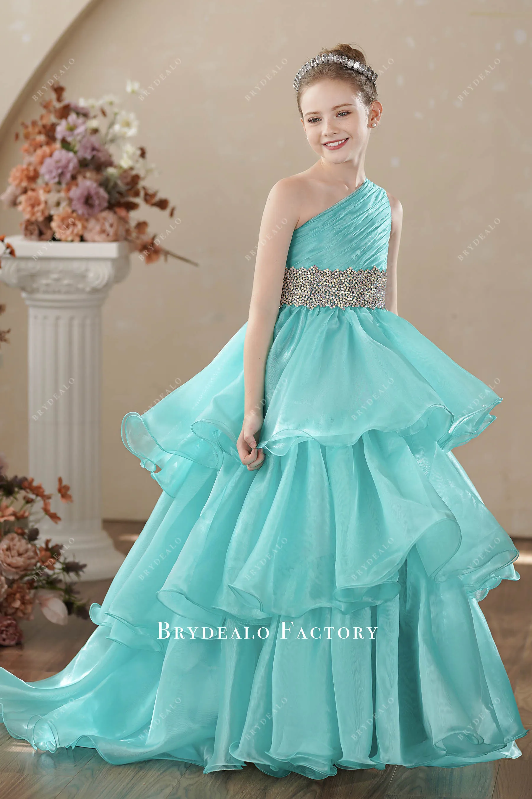 Spa Blue Ruched One Shoulder Sleeveless Kids Pageant Gown