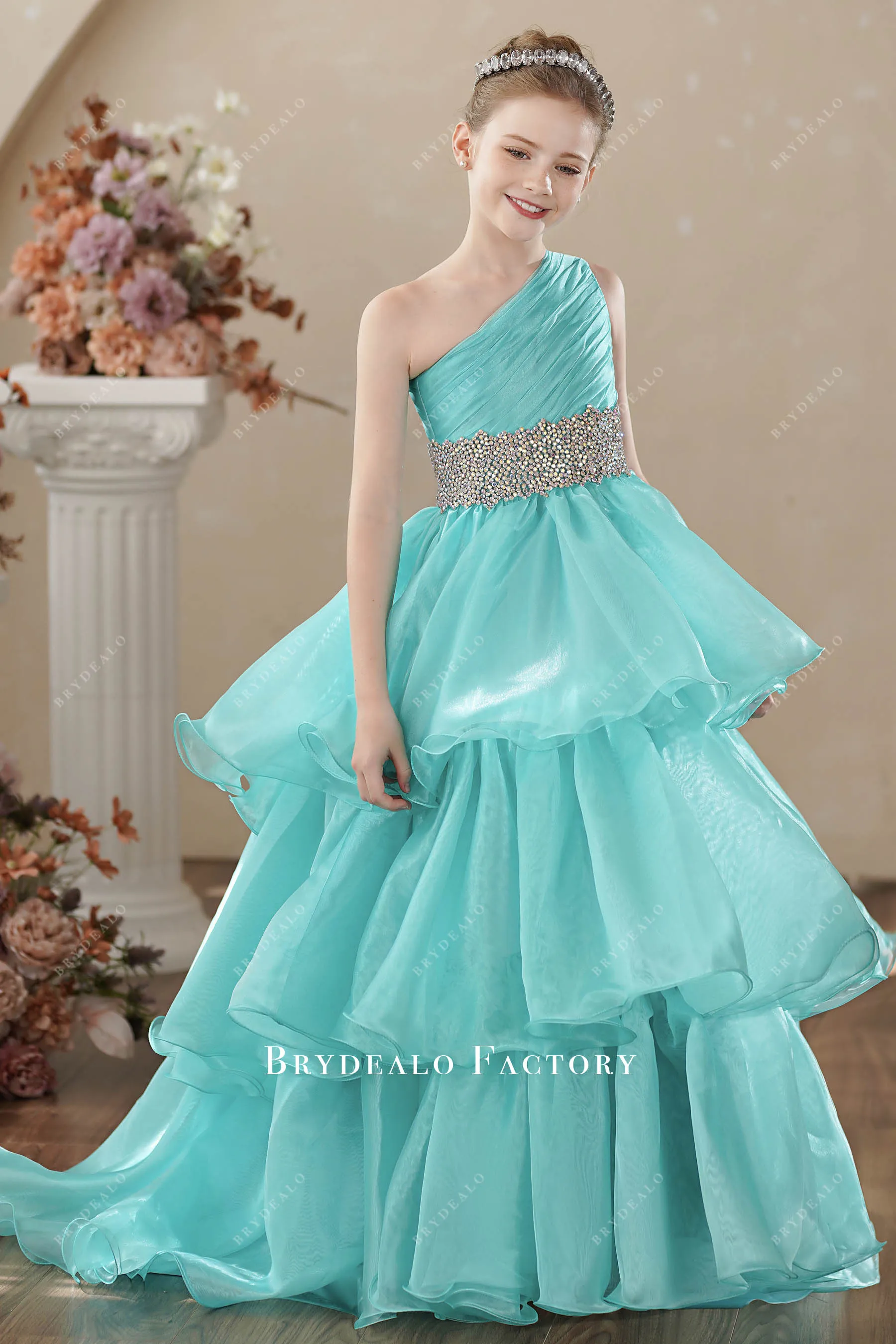 Spa Blue Ruched One Shoulder Sleeveless Kids Pageant Gown