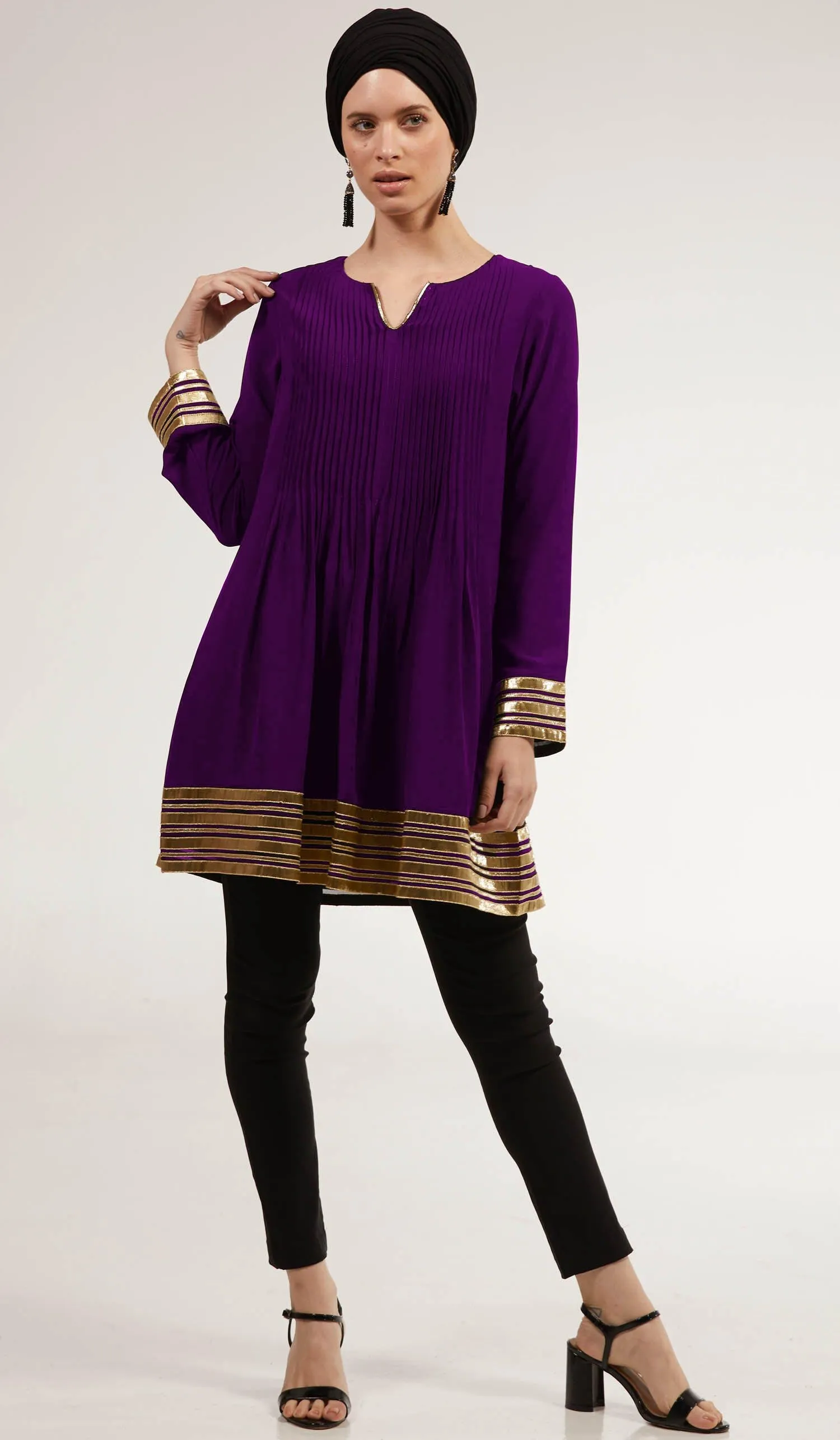 Sultana Gold Embellished Long Modest Tunic - Deep Plum