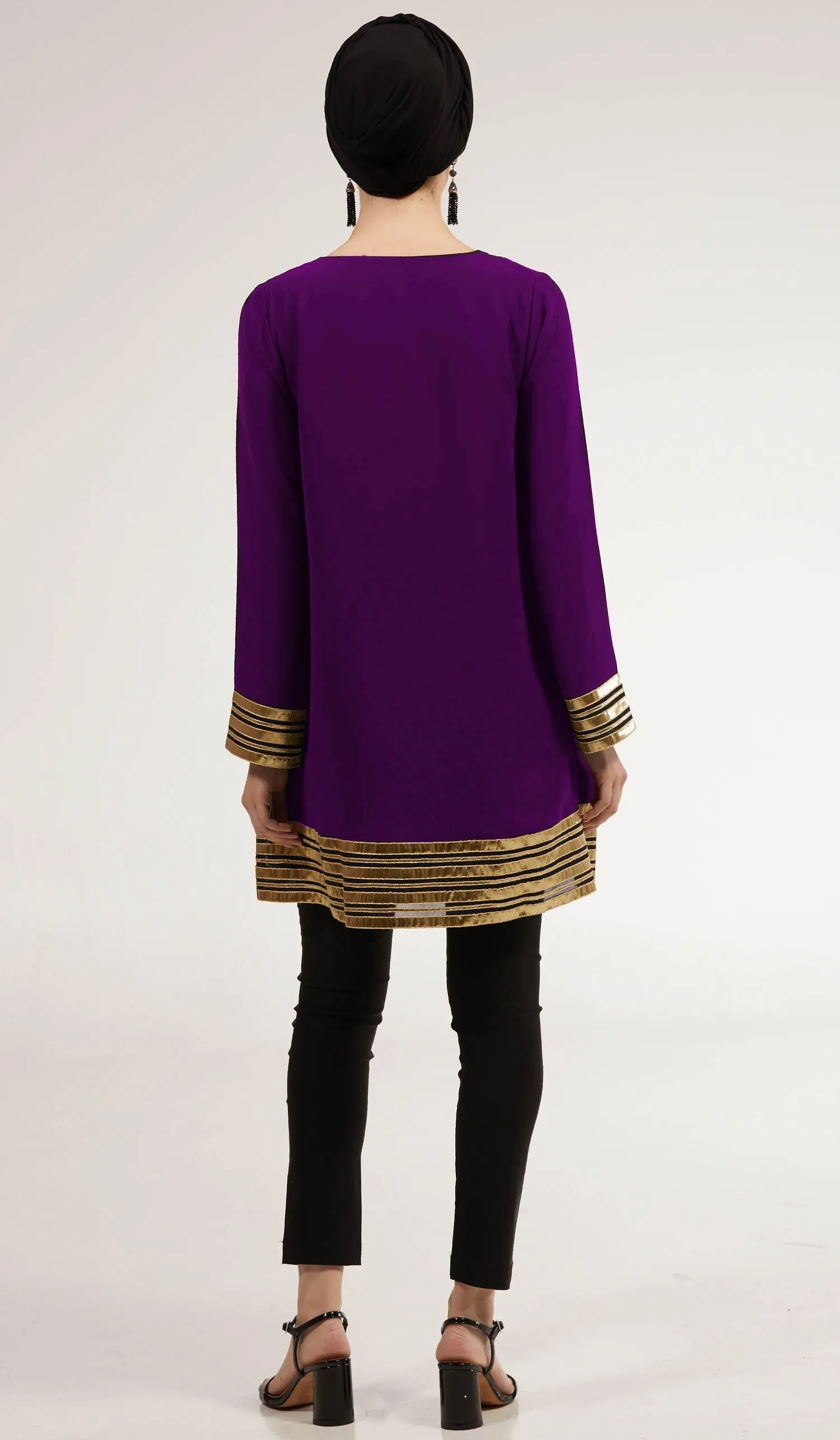 Sultana Gold Embellished Long Modest Tunic - Deep Plum