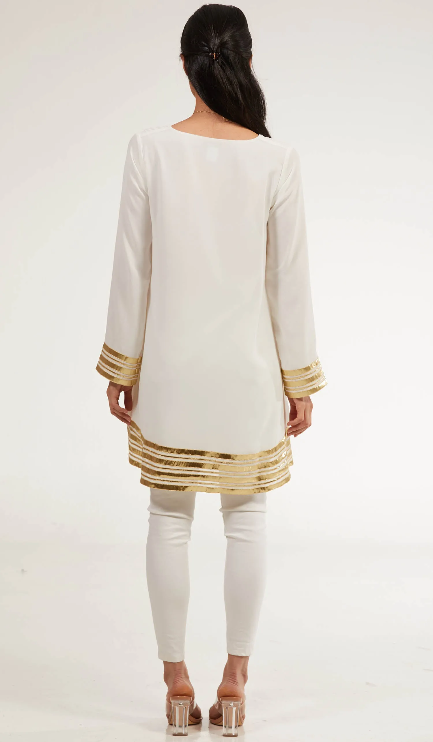 Sultana Gold Embellished Long Modest Tunic - Off White