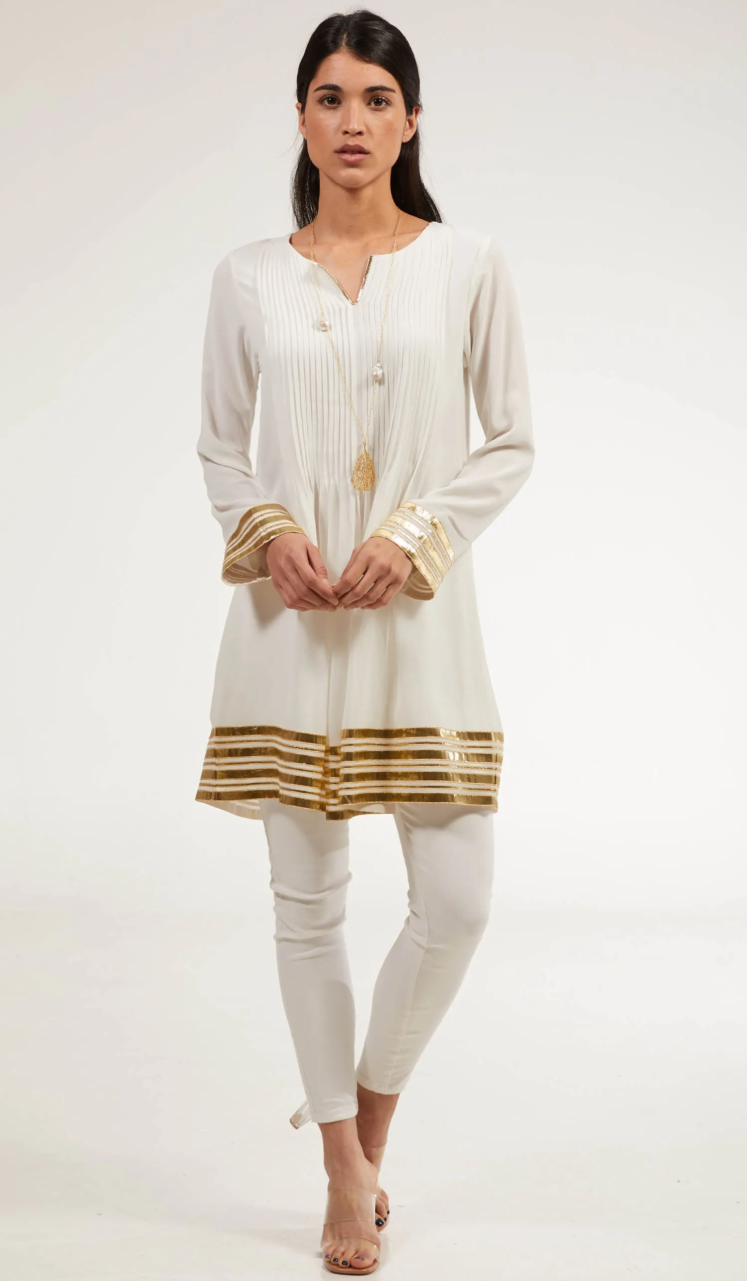 Sultana Gold Embellished Long Modest Tunic - Off White