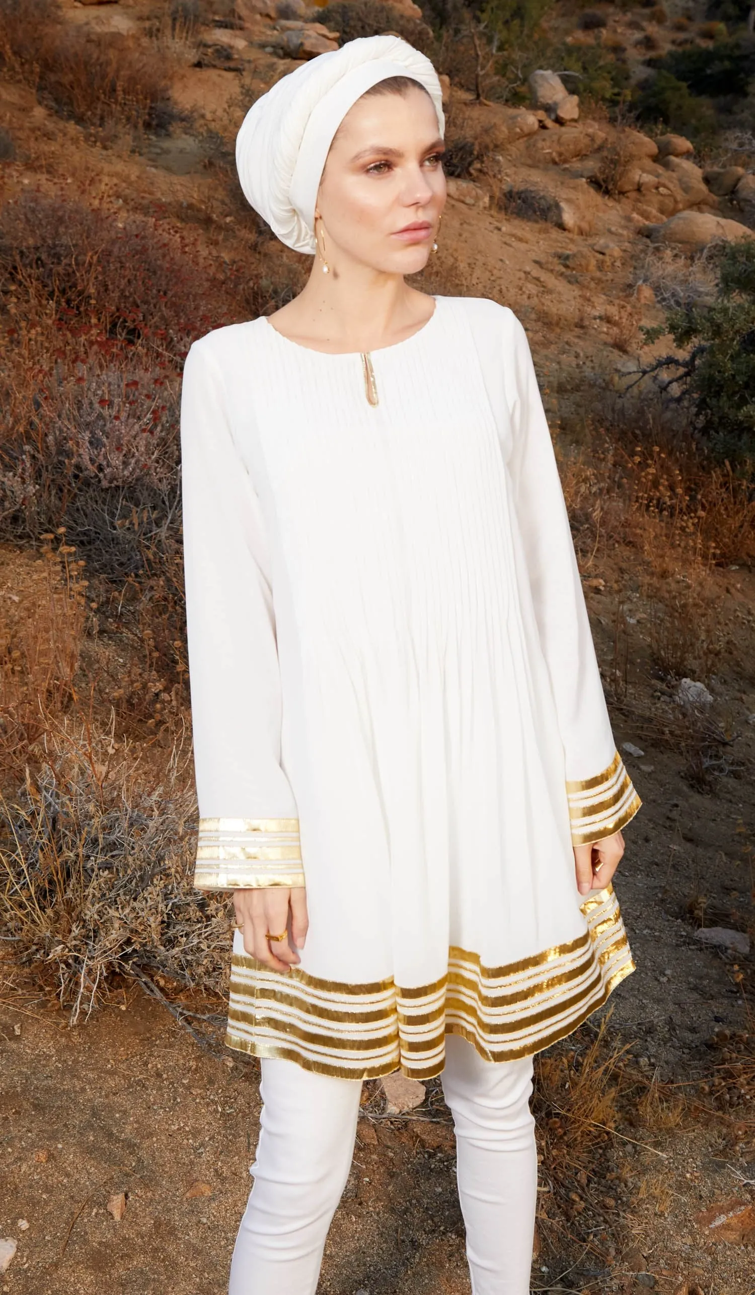 Sultana Gold Embellished Long Modest Tunic - Off White