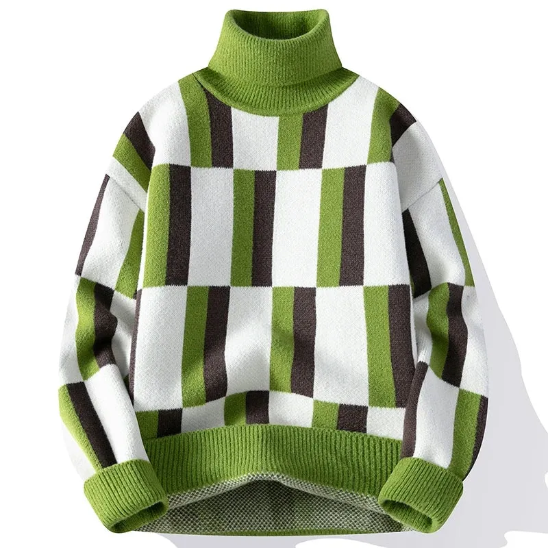 Turtleneck Geometric Stripe Wool Sweater