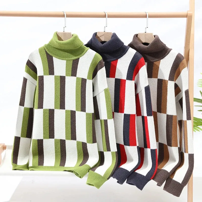 Turtleneck Geometric Stripe Wool Sweater