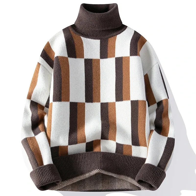 Turtleneck Geometric Stripe Wool Sweater