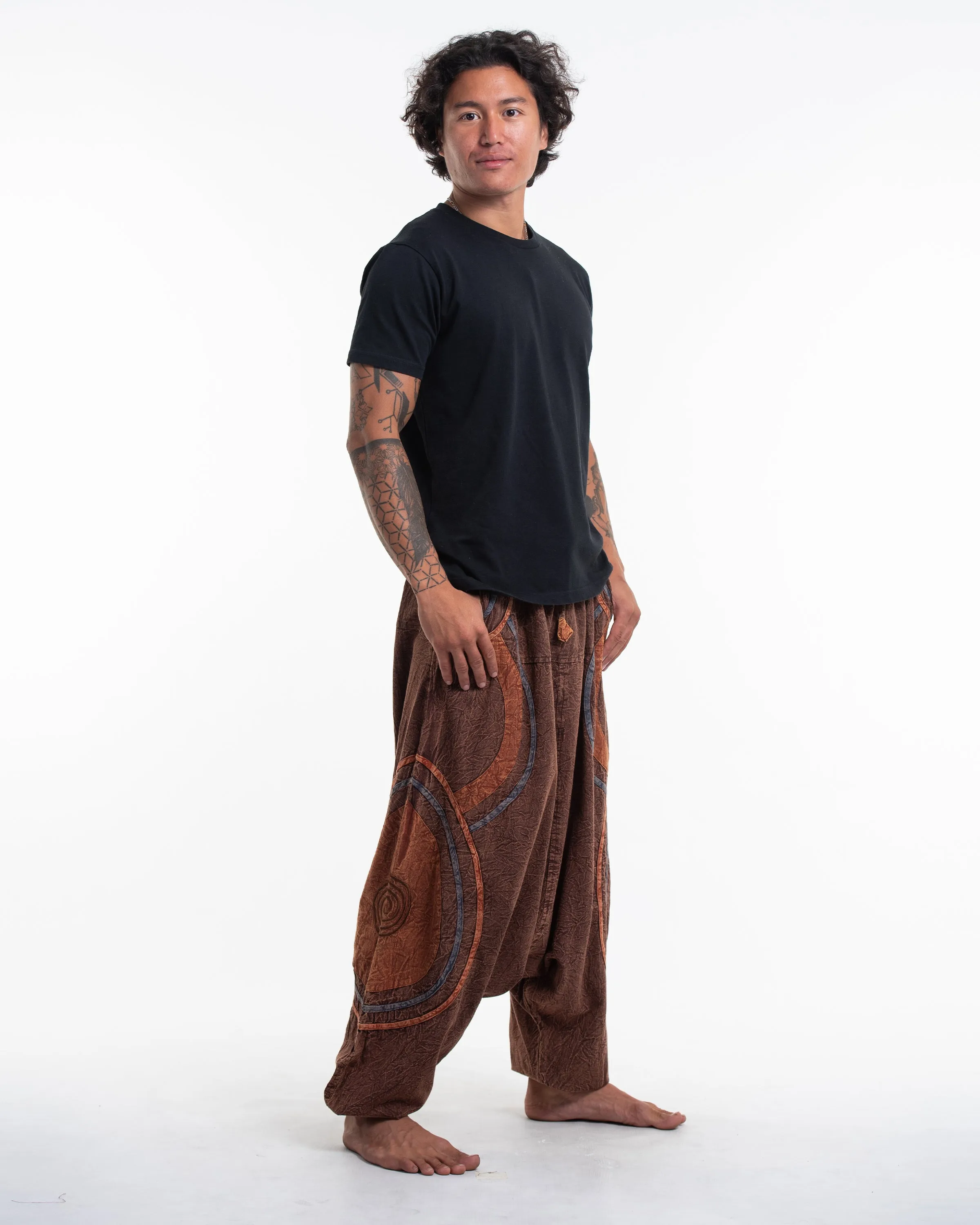 Unisex Patchwork Stone Washed Low Cut Cotton Pants in Brown 01