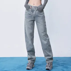 V Waist Straight Barrel Irregular Button Design Jeans