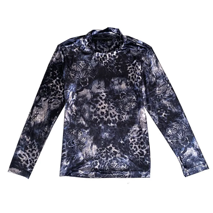 Velvet Printed Tiger Head Turtleneck T-Shirt