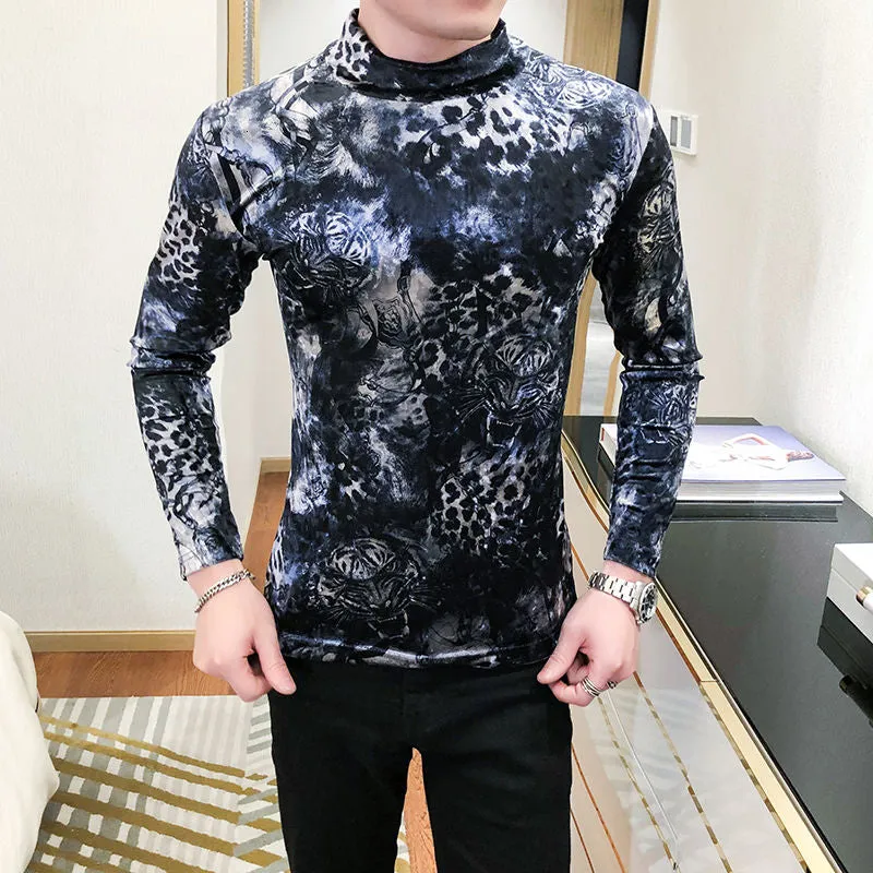 Velvet Printed Tiger Head Turtleneck T-Shirt