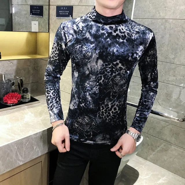 Velvet Printed Tiger Head Turtleneck T-Shirt