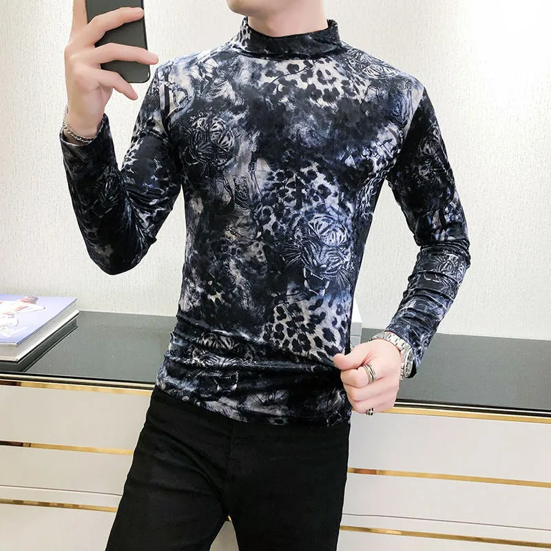 Velvet Printed Tiger Head Turtleneck T-Shirt