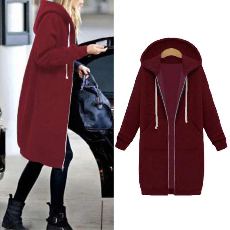 VenusFox Long Coat Casual Loose Zipper Sweatshirt Thick Hoodies Jacket