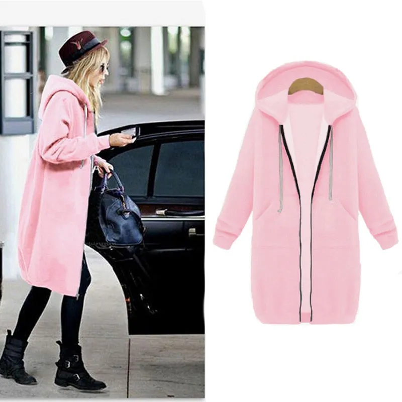 VenusFox Long Coat Casual Loose Zipper Sweatshirt Thick Hoodies Jacket