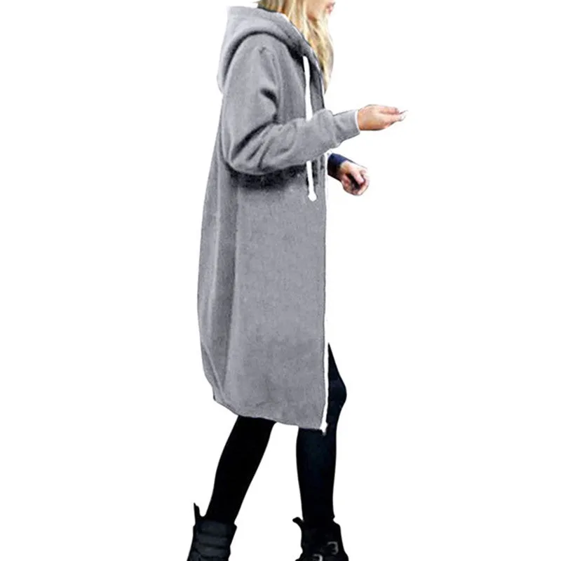 VenusFox Long Coat Casual Loose Zipper Sweatshirt Thick Hoodies Jacket