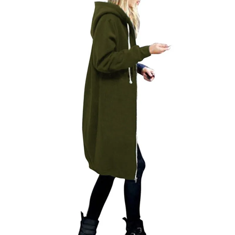 VenusFox Long Coat Casual Loose Zipper Sweatshirt Thick Hoodies Jacket