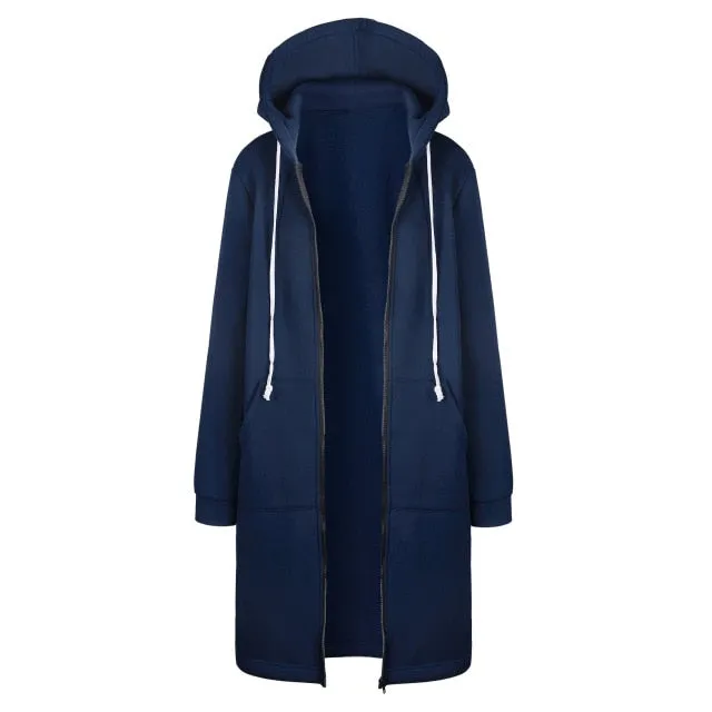 VenusFox Long Coat Casual Loose Zipper Sweatshirt Thick Hoodies Jacket