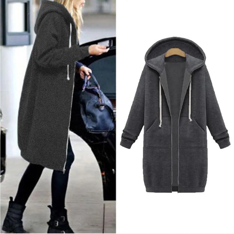 VenusFox Long Coat Casual Loose Zipper Sweatshirt Thick Hoodies Jacket