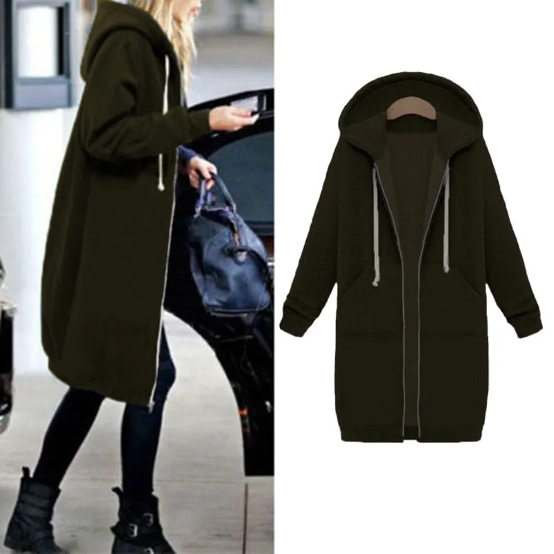 VenusFox Long Coat Casual Loose Zipper Sweatshirt Thick Hoodies Jacket