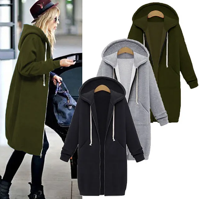 VenusFox Long Coat Casual Loose Zipper Sweatshirt Thick Hoodies Jacket