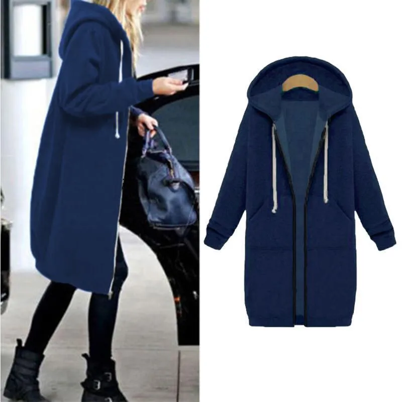 VenusFox Long Coat Casual Loose Zipper Sweatshirt Thick Hoodies Jacket