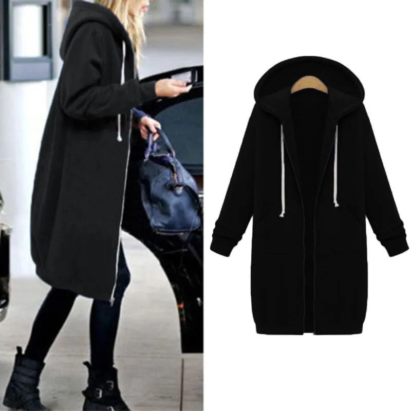 VenusFox Long Coat Casual Loose Zipper Sweatshirt Thick Hoodies Jacket