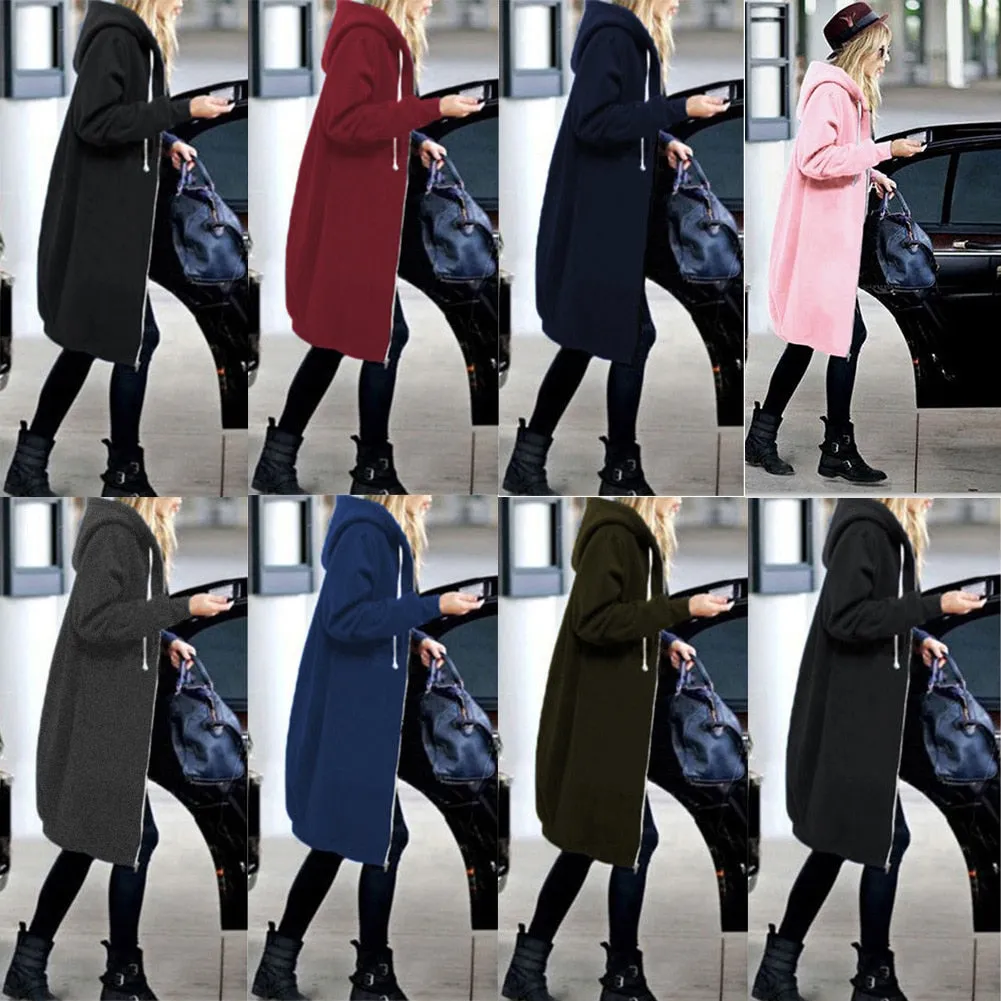 VenusFox Long Coat Casual Loose Zipper Sweatshirt Thick Hoodies Jacket