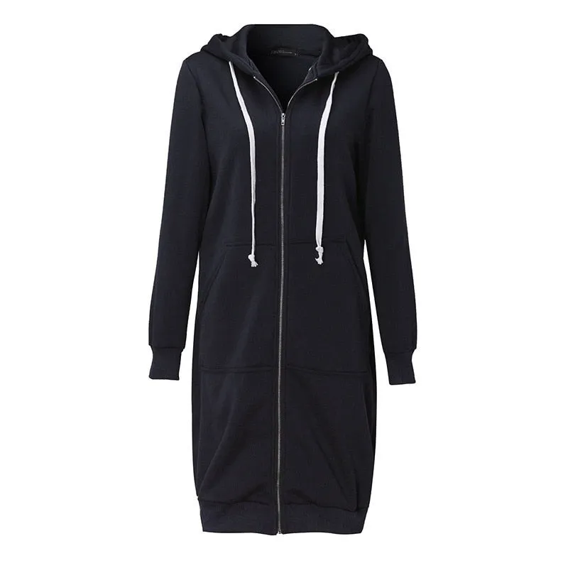 VenusFox Long Coat Casual Loose Zipper Sweatshirt Thick Hoodies Jacket