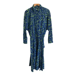 Vintage Jacquelyn & Grace 100% Cotton Long Sleeve Belted Shirt Maxi Dress Electric Blue Acid Green Block Print UK Size 8-10