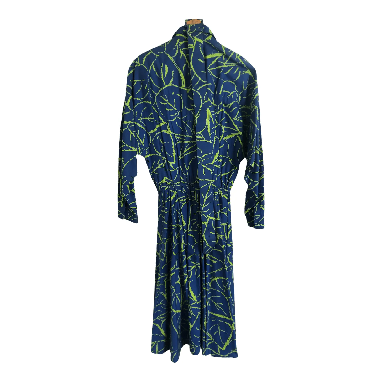 Vintage Jacquelyn & Grace 100% Cotton Long Sleeve Belted Shirt Maxi Dress Electric Blue Acid Green Block Print UK Size 8-10