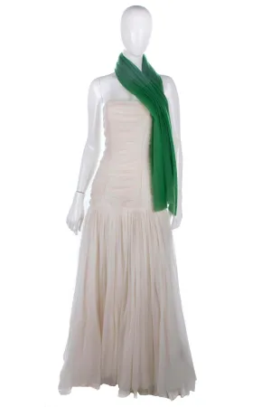 Vintage Long Strapless Evening Dress Pleated Ivory with Green Scarf Size 10