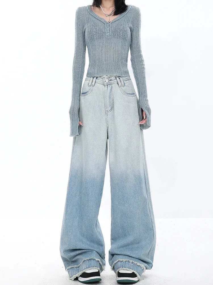 Vintage Street Style Wide Leg Jeans - Gradient Light Blue