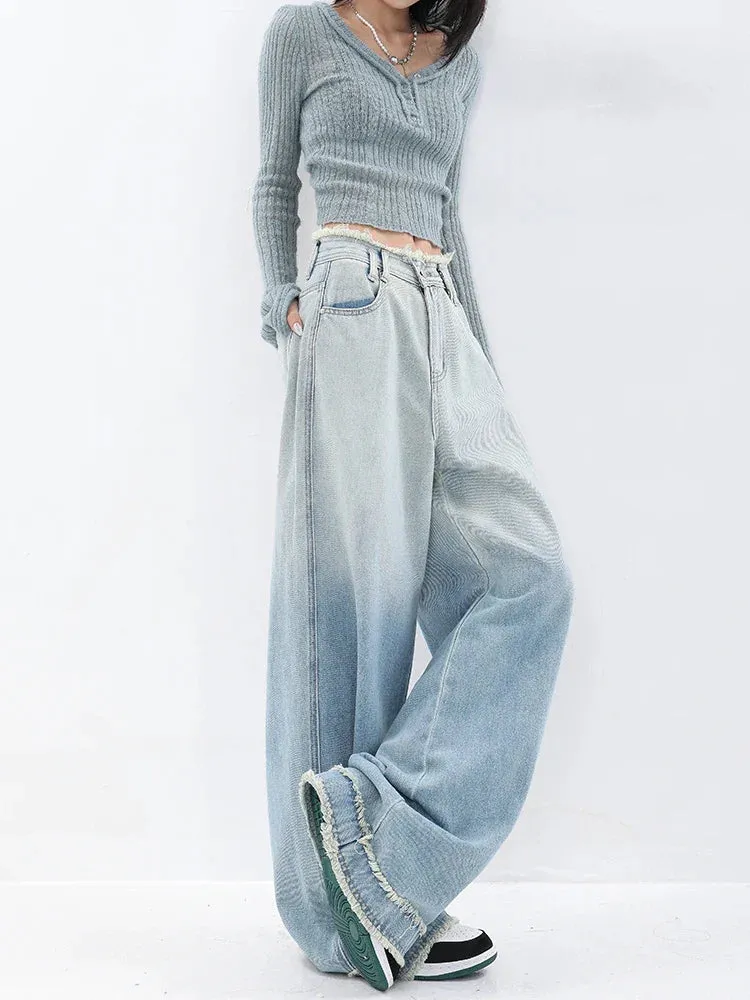 Vintage Street Style Wide Leg Jeans - Gradient Light Blue