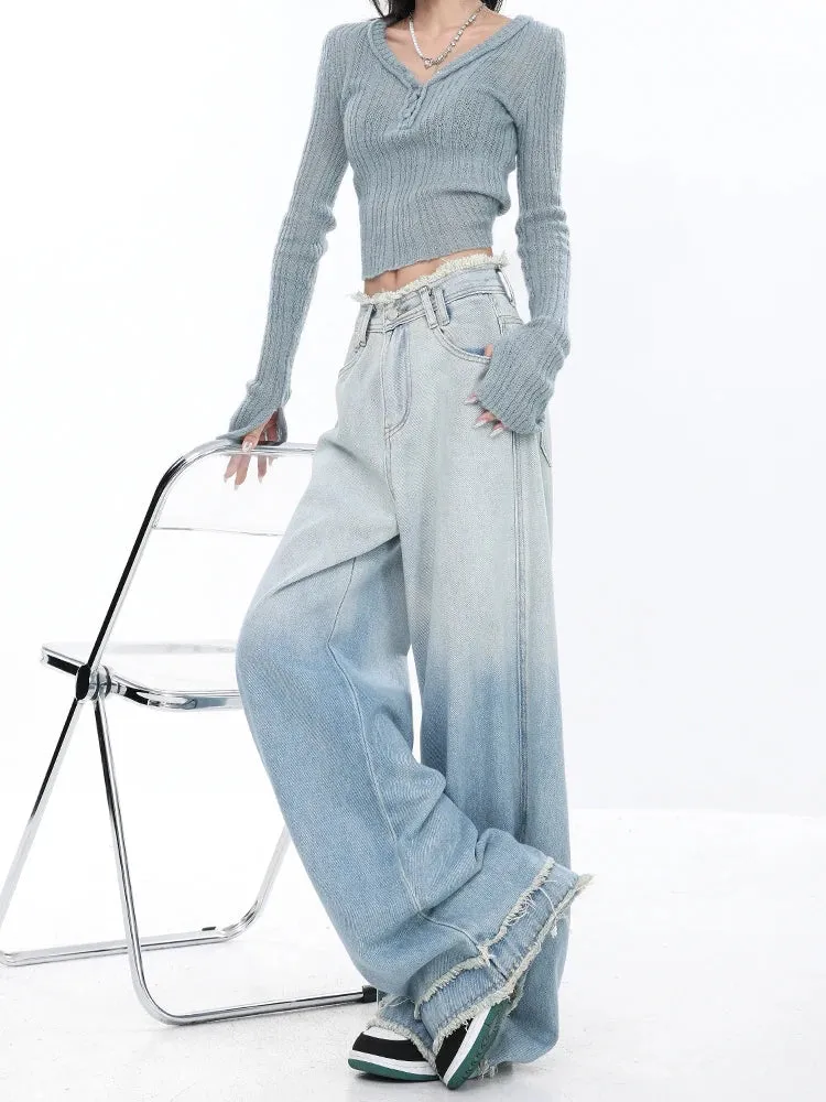 Vintage Street Style Wide Leg Jeans - Gradient Light Blue