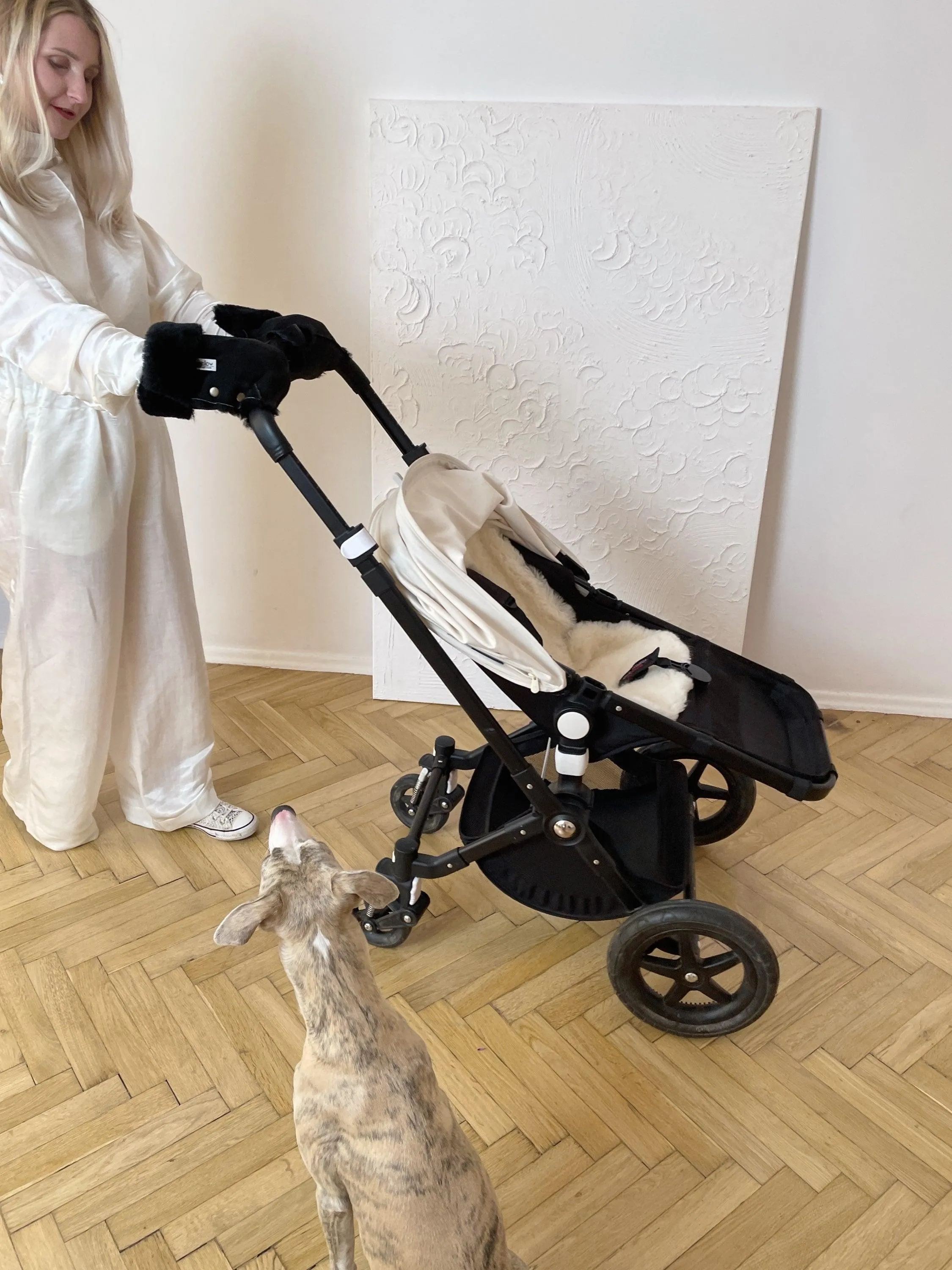 Waterproof Natural Wool Stroller Hand Muffs - Black&White