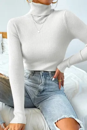 White Turtleneck Pullover Knit Top