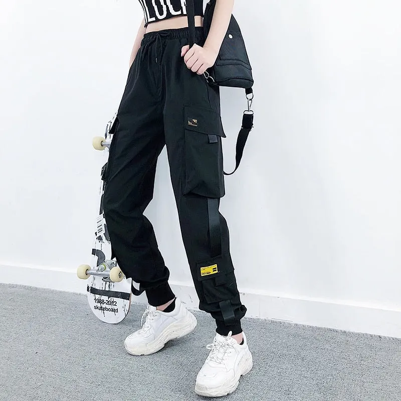 Women Black Ankle Length Elastic Waist Fashion Streetwear Cargo Pants