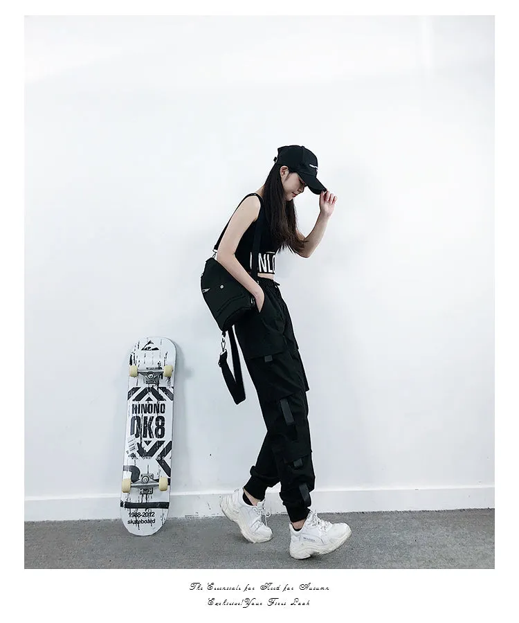 Women Black Ankle Length Elastic Waist Fashion Streetwear Cargo Pants