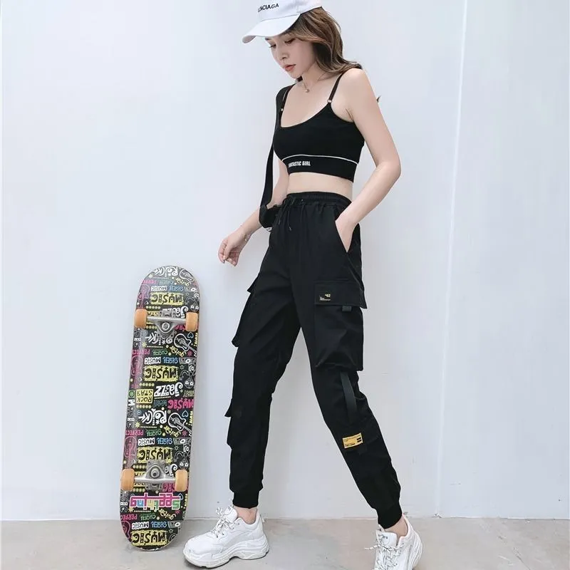 Women Black Ankle Length Elastic Waist Fashion Streetwear Cargo Pants