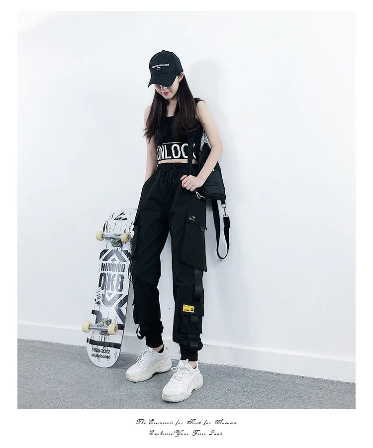 Women Black Ankle Length Elastic Waist Fashion Streetwear Cargo Pants