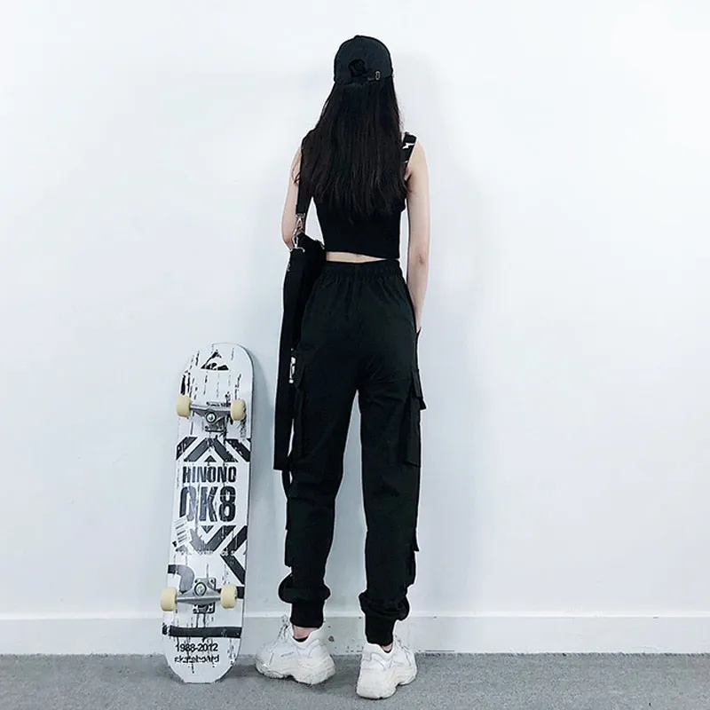 Women Black Ankle Length Elastic Waist Fashion Streetwear Cargo Pants