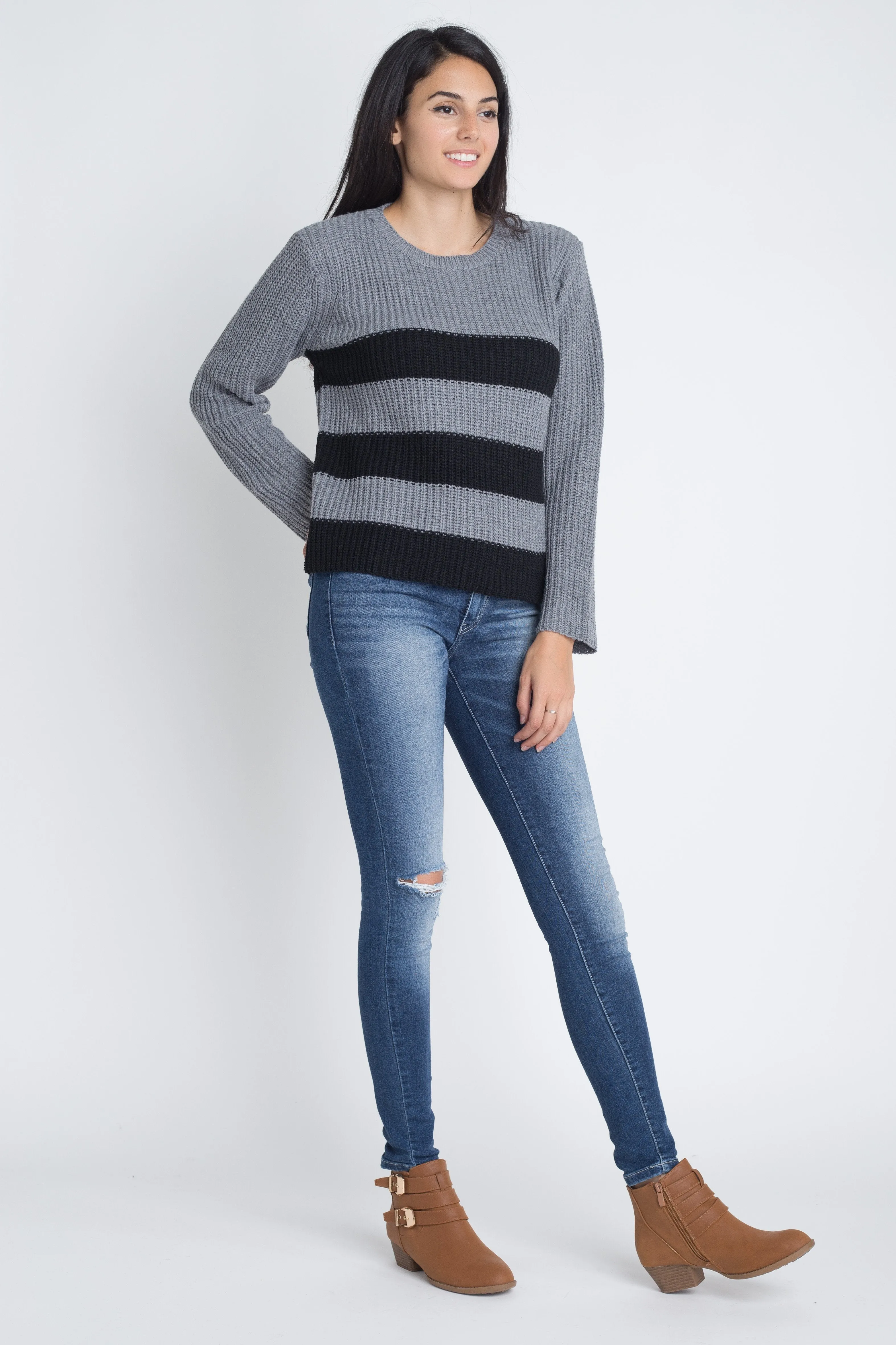 Women's Casual Stripe Round Neck Sweater