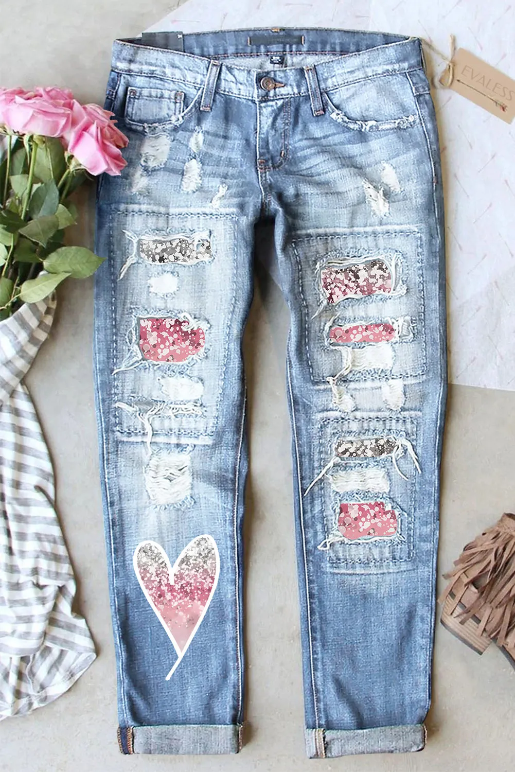 Women's Heart Print Jean Ombre Patch Ripped Distressed Denim Pants